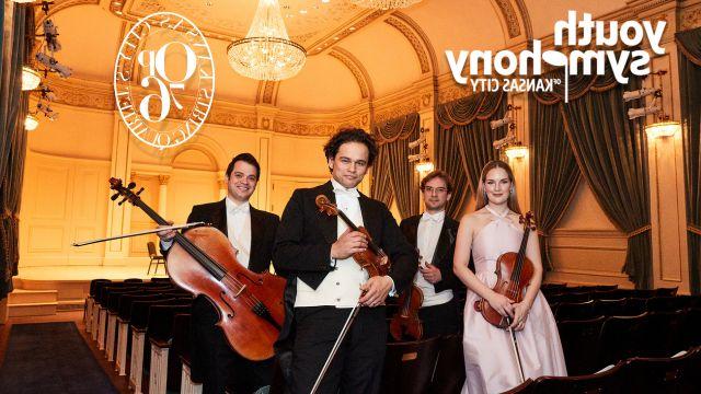 The four members of Opus 76 with the logos for the Youth Symphony of Kansas City and Opus 76 Quartet